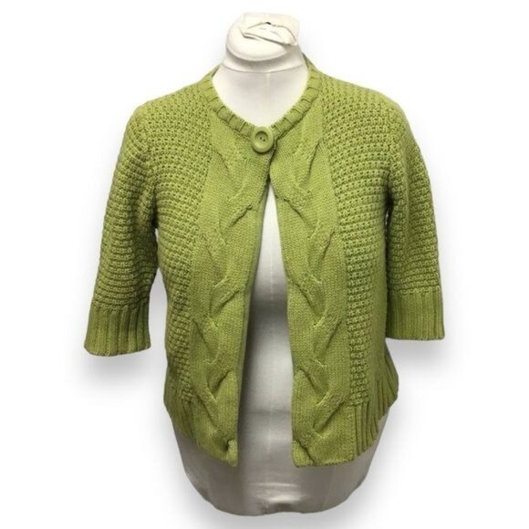 Leo & Nicole Short Sleeve Single Snap Crop Cardigan Sweater, Green, size M - Picture 1 of 7
